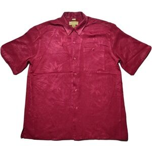 CABANA Men Large Red Sueded Hawaiian Floral Embossed Short Sleeve Button Shirt